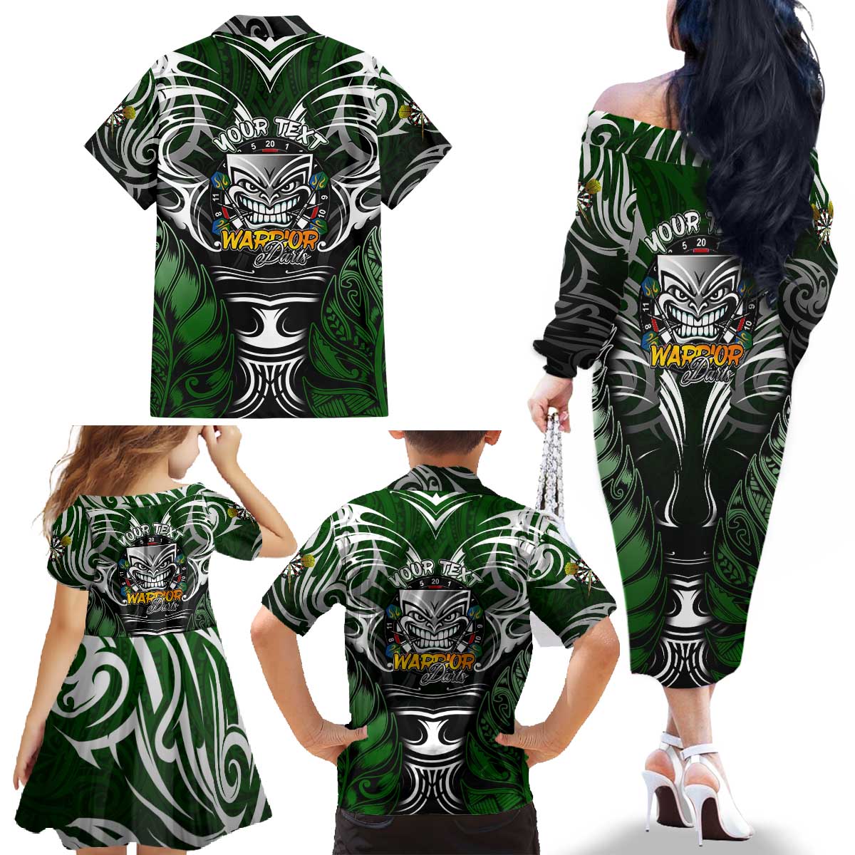 Personalised Warriors Maori Darts Family Matching Off The Shoulder Long Sleeve Dress and Hawaiian Shirt New Zealand Darts Silver Fern