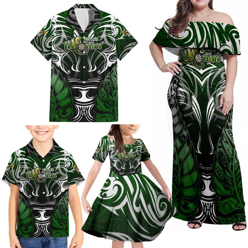 Personalised Warriors Maori Darts Family Matching Off Shoulder Maxi Dress and Hawaiian Shirt New Zealand Darts Silver Fern