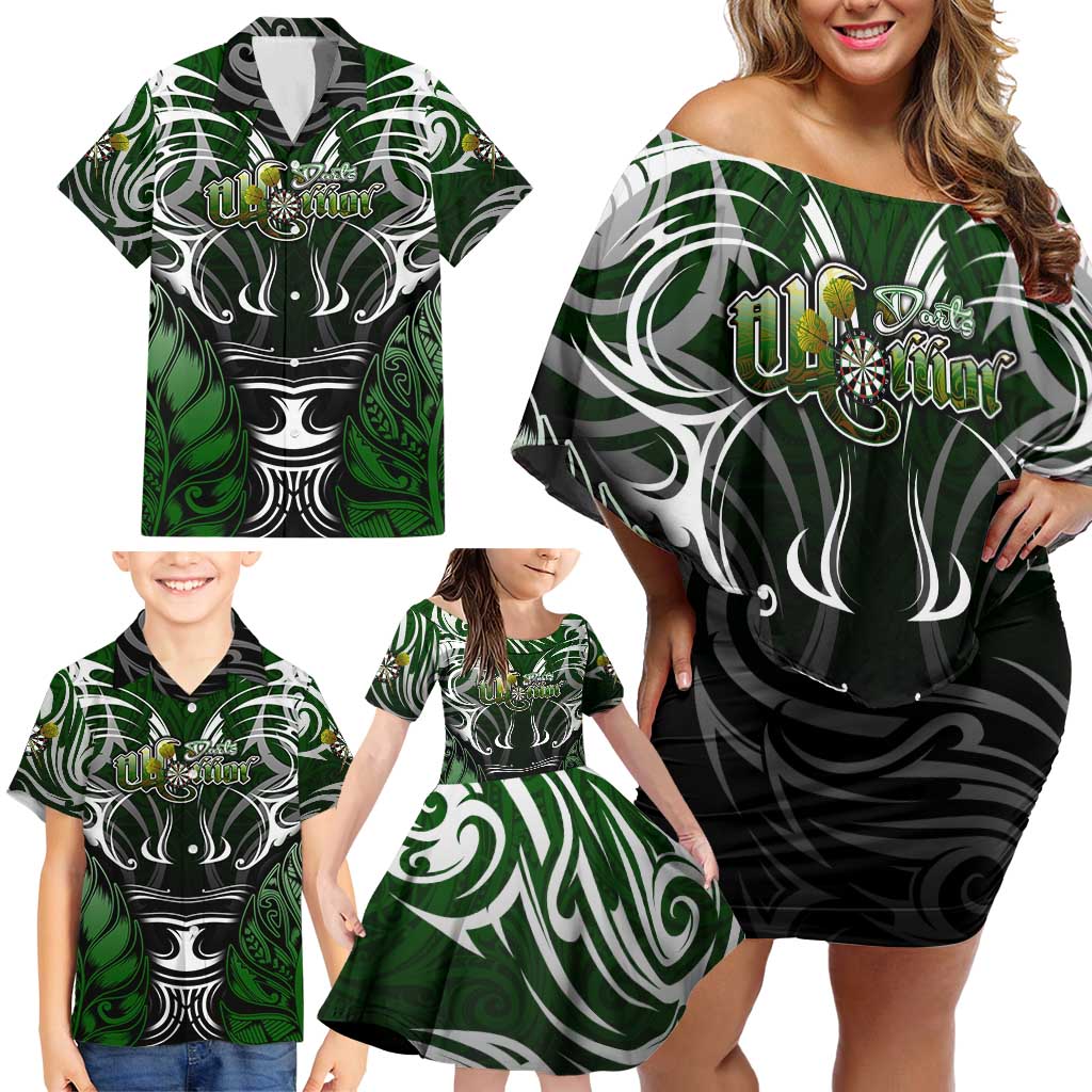 Personalised Warriors Maori Darts Family Matching Off Shoulder Short Dress and Hawaiian Shirt New Zealand Darts Silver Fern