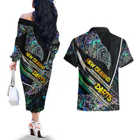 Personalised New Zealand Darts Couples Matching Off The Shoulder Long Sleeve Dress and Hawaiian Shirt NZ Paua Shell Maori Fern