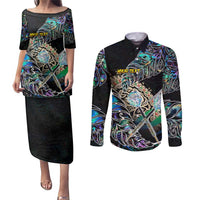 Personalised New Zealand Darts Couples Matching Puletasi and Long Sleeve Button Shirt NZ Paua Shell Maori Fern