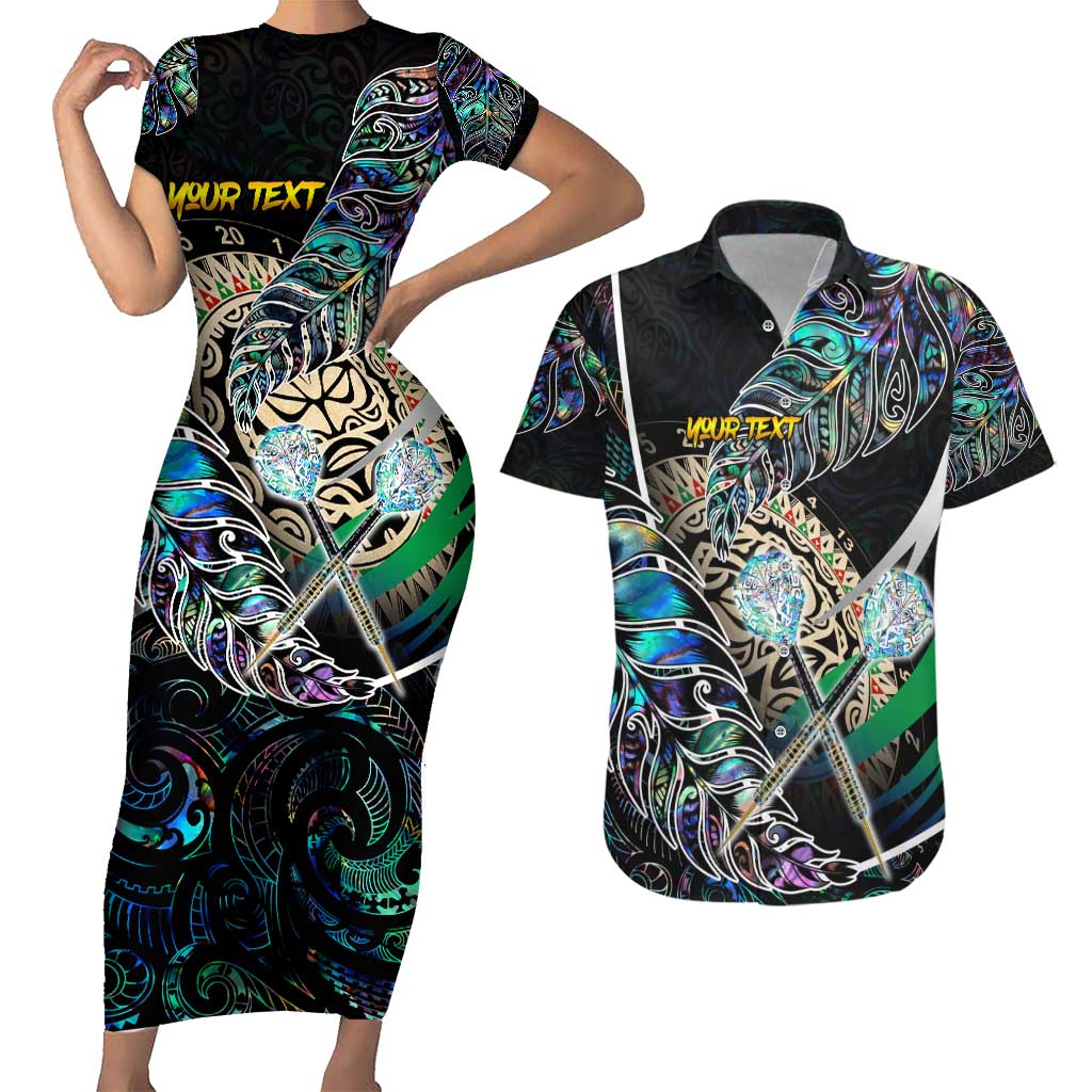 Personalised New Zealand Darts Couples Matching Short Sleeve Bodycon Dress and Hawaiian Shirt NZ Paua Shell Maori Fern