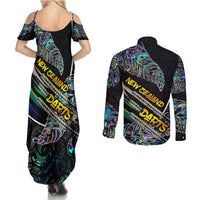 Personalised New Zealand Darts Couples Matching Summer Maxi Dress and Long Sleeve Button Shirt NZ Paua Shell Maori Fern