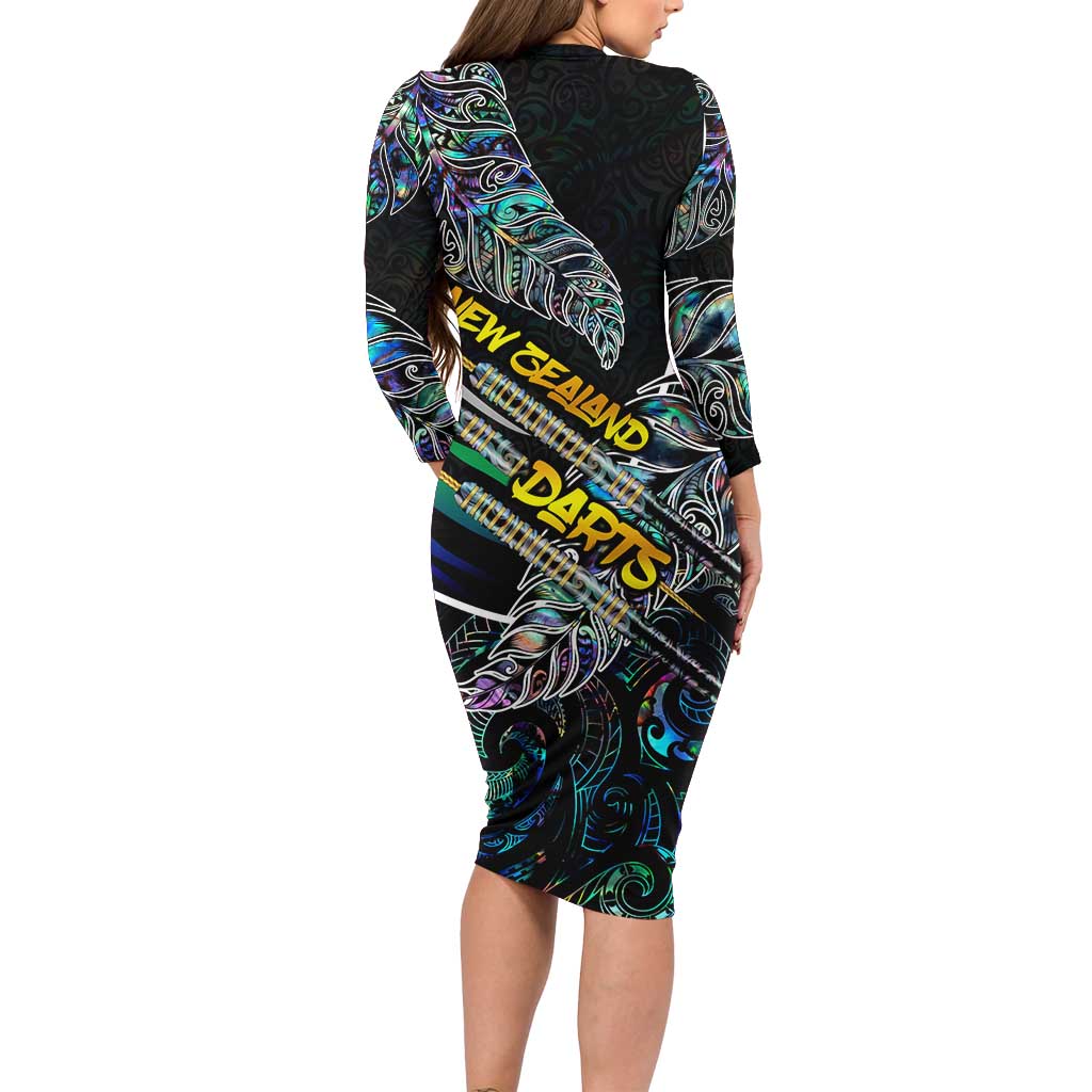 Personalised New Zealand Darts Family Matching Long Sleeve Bodycon Dress and Hawaiian Shirt NZ Paua Shell Maori Fern