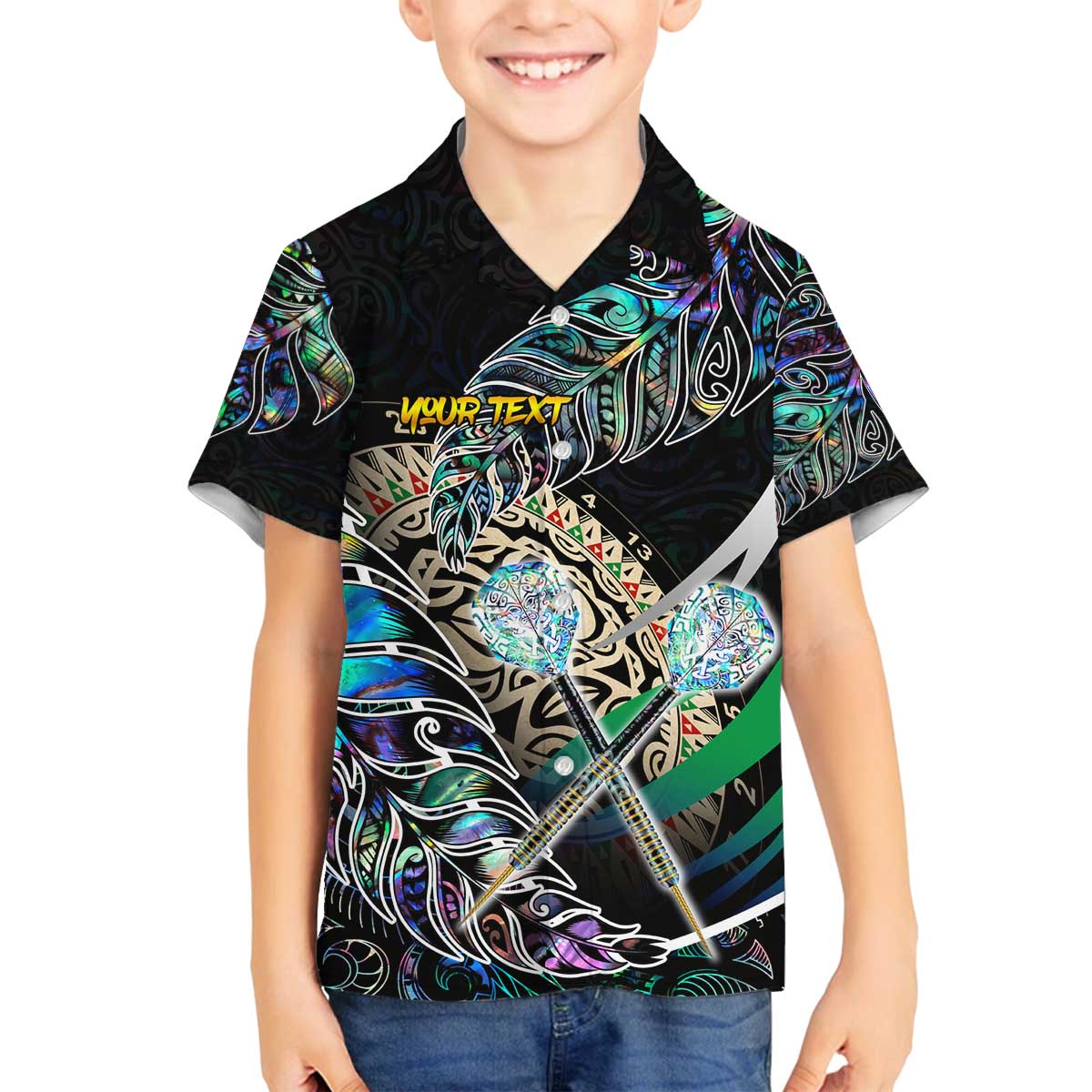 Personalised New Zealand Darts Family Matching Off The Shoulder Long Sleeve Dress and Hawaiian Shirt NZ Paua Shell Maori Fern