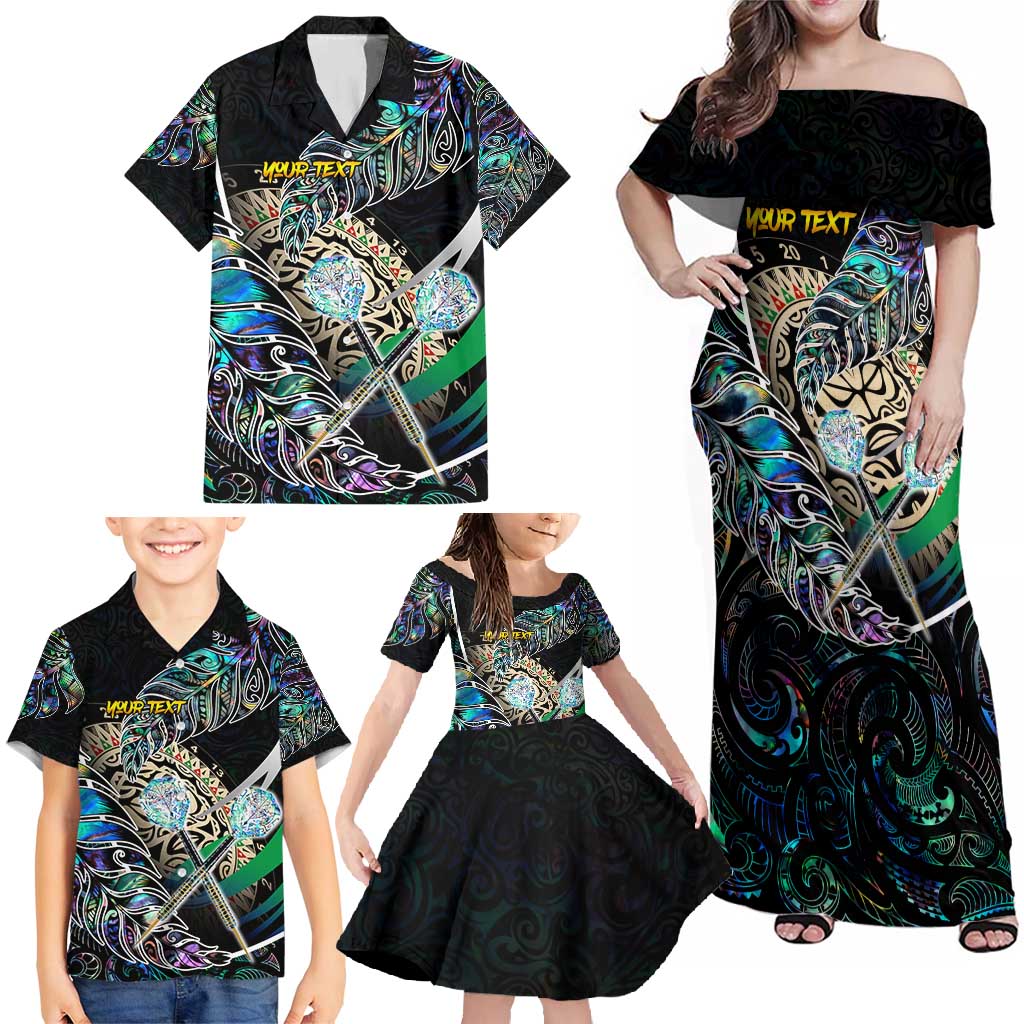 Personalised New Zealand Darts Family Matching Off Shoulder Maxi Dress and Hawaiian Shirt NZ Paua Shell Maori Fern