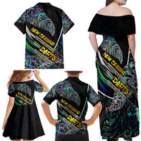 Personalised New Zealand Darts Family Matching Off Shoulder Maxi Dress and Hawaiian Shirt NZ Paua Shell Maori Fern
