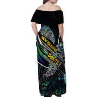 Personalised New Zealand Darts Family Matching Off Shoulder Maxi Dress and Hawaiian Shirt NZ Paua Shell Maori Fern