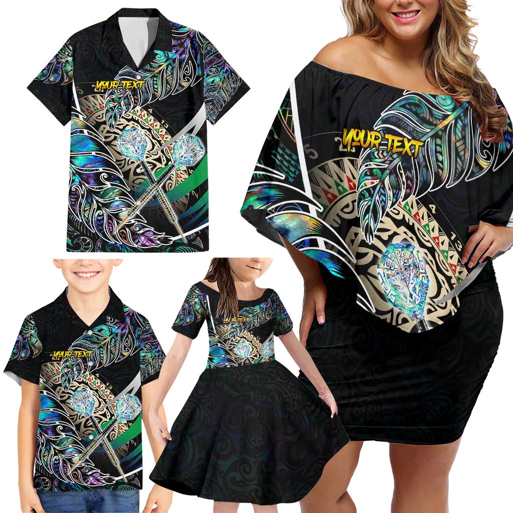 Personalised New Zealand Darts Family Matching Off Shoulder Short Dress and Hawaiian Shirt NZ Paua Shell Maori Fern