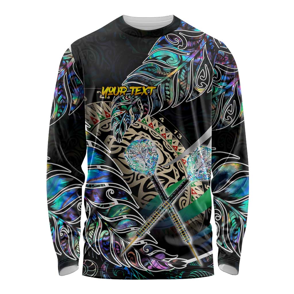 Personalised New Zealand Darts Long Sleeve Shirt NZ Paua Shell Maori Fern DT02 Unisex Black - Polynesian Pride