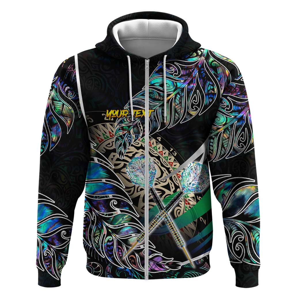 Personalised New Zealand Darts Zip Hoodie NZ Paua Shell Maori Fern DT02 Zip Hoodie Black - Polynesian Pride