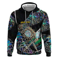 Personalised New Zealand Darts Zip Hoodie NZ Paua Shell Maori Fern DT02 Pullover Hoodie Black - Polynesian Pride