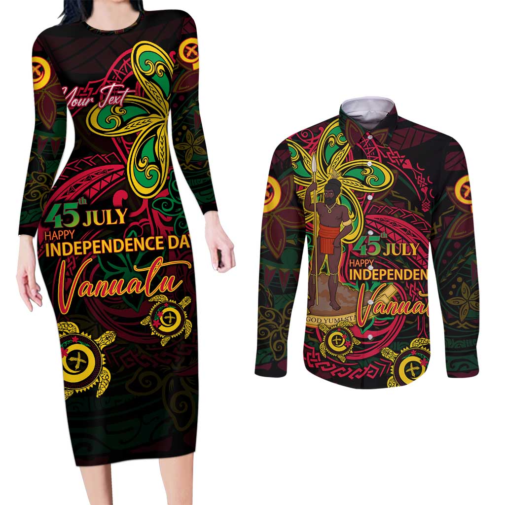Custom Vanuatu 45th Independence Anniversary Couples Matching Long Sleeve Bodycon Dress and Long Sleeve Button Shirt Flower Melanesian Namele Turtle - Polynesian Pride