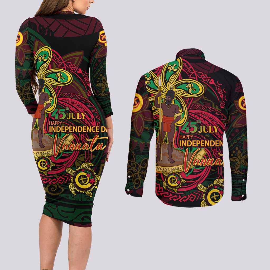 Custom Vanuatu 45th Independence Anniversary Couples Matching Long Sleeve Bodycon Dress and Long Sleeve Button Shirt Flower Melanesian Namele Turtle - Polynesian Pride
