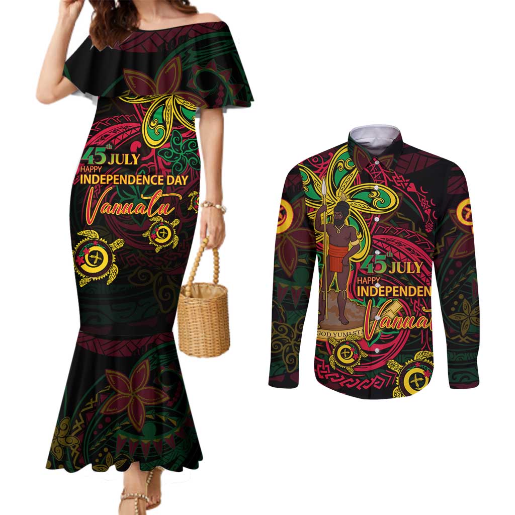 Custom Vanuatu 45th Independence Anniversary Couples Matching Mermaid Dress and Long Sleeve Button Shirt Flower Melanesian Namele Turtle - Polynesian Pride