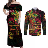 Custom Vanuatu 45th Independence Anniversary Couples Matching Off Shoulder Maxi Dress and Long Sleeve Button Shirt Flower Melanesian Namele Turtle - Polynesian Pride