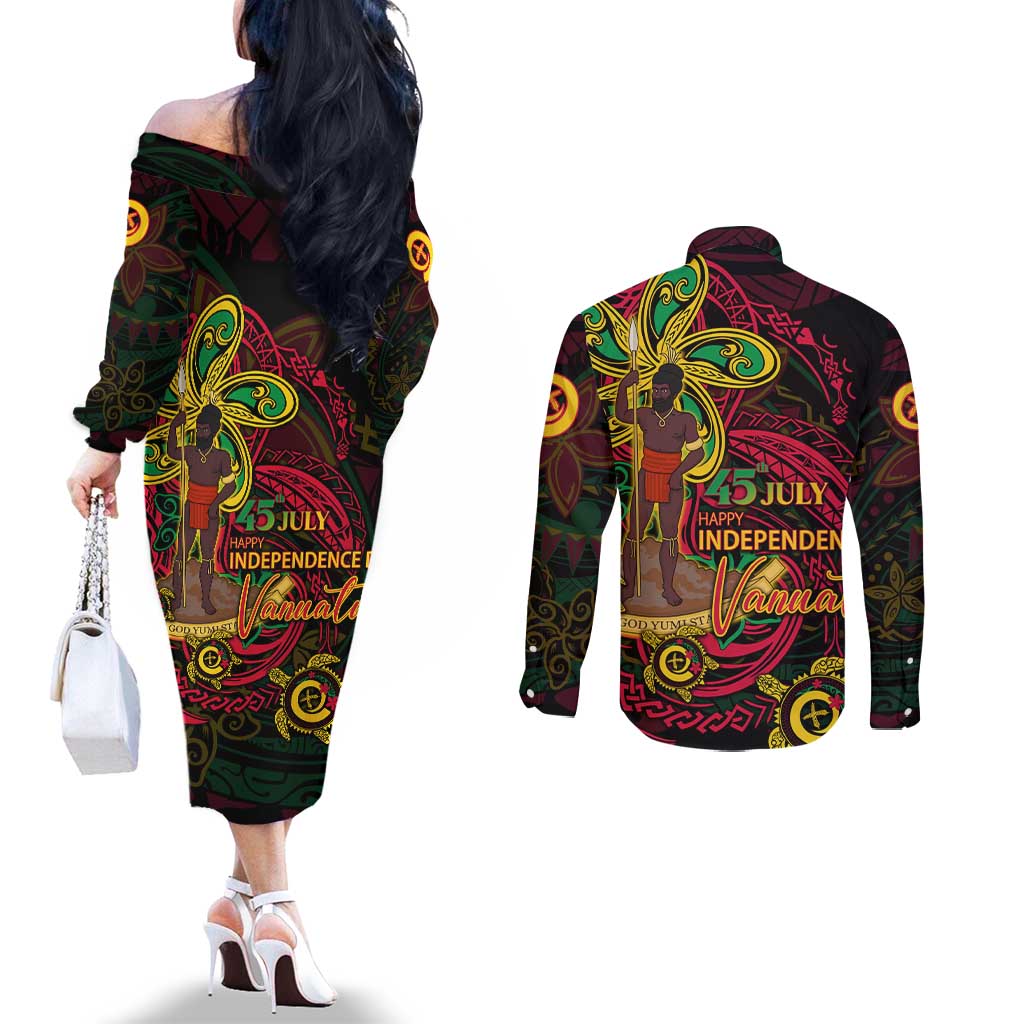 Custom Vanuatu 45th Independence Anniversary Couples Matching Off The Shoulder Long Sleeve Dress and Long Sleeve Button Shirt Flower Melanesian Namele Turtle - Polynesian Pride