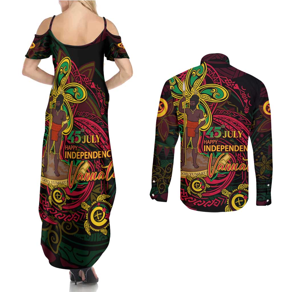 Custom Vanuatu 45th Independence Anniversary Couples Matching Summer Maxi Dress and Long Sleeve Button Shirt Flower Melanesian Namele Turtle - Polynesian Pride
