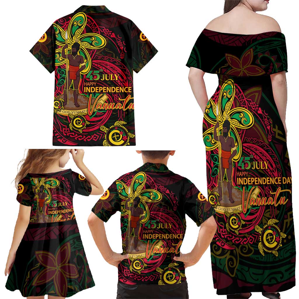 Custom Vanuatu 45th Independence Anniversary Family Matching Off Shoulder Maxi Dress and Hawaiian Shirt Flower Melanesian Namele Turtle - Polynesian Pride