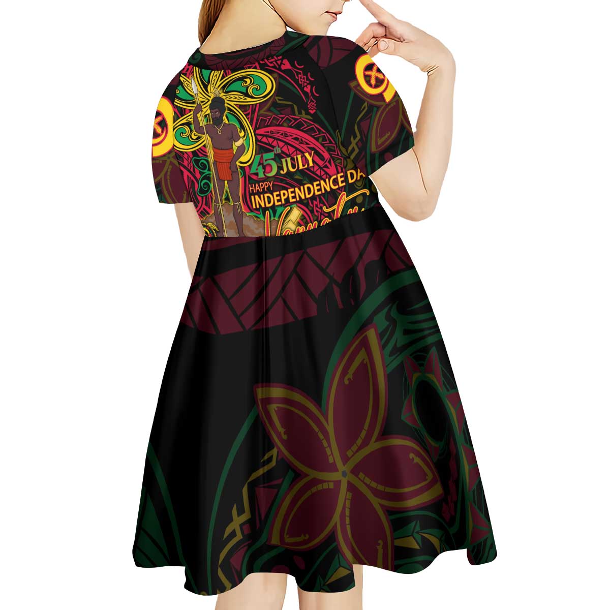 Custom Vanuatu 45th Independence Anniversary Kid Short Sleeve Dress Flower Melanesian Namele Turtle - Polynesian Pride