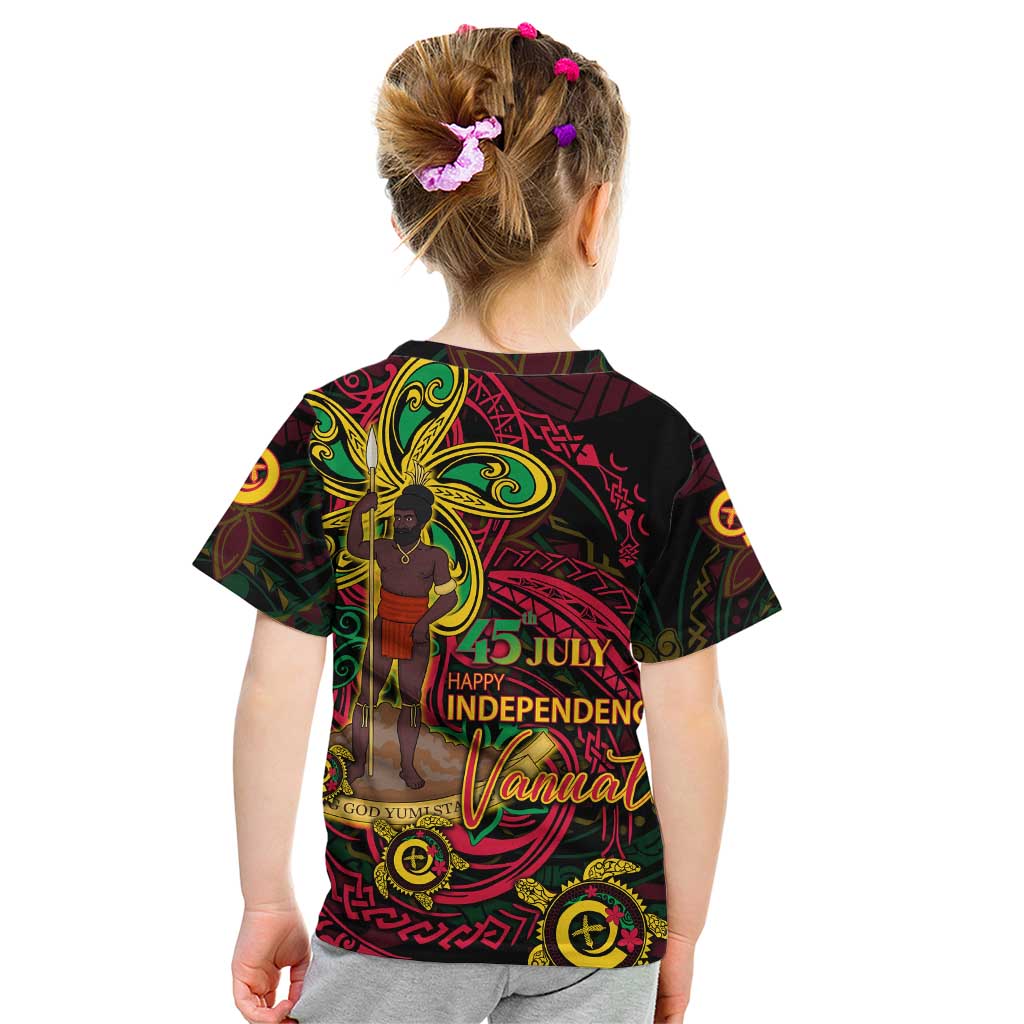 Custom Vanuatu 45th Independence Anniversary Kid T Shirt Flower Melanesian Namele Turtle - Polynesian Pride