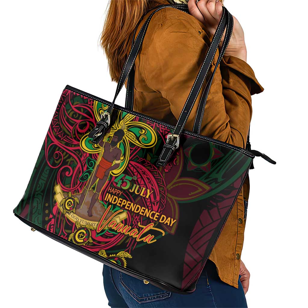 Vanuatu 45th Independence Anniversary Leather Tote Bag Flower Melanesian Namele Turtle - Polynesian Pride