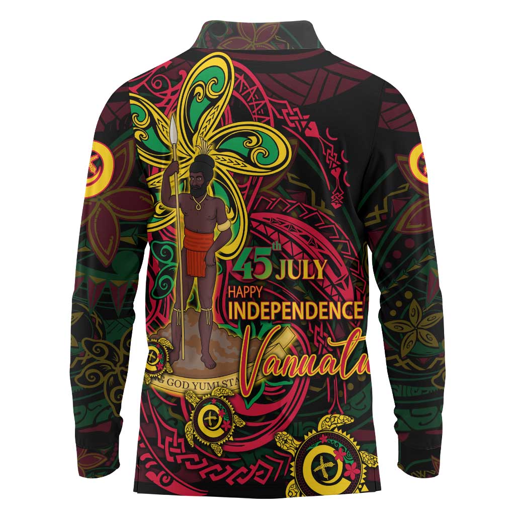 Custom Vanuatu 45th Independence Anniversary Long Sleeve Polo Shirt Flower Melanesian Namele Turtle - Polynesian Pride