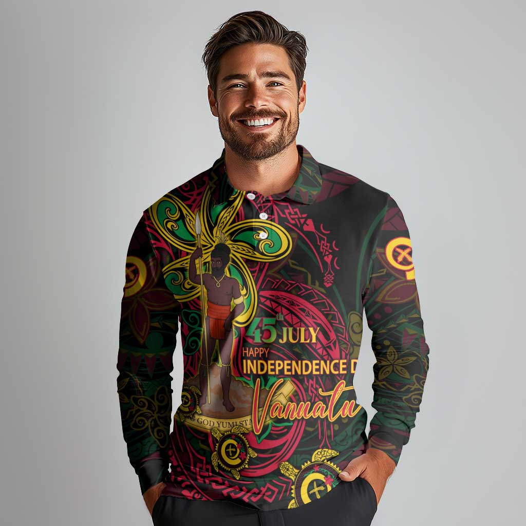 Custom Vanuatu 45th Independence Anniversary Long Sleeve Polo Shirt Flower Melanesian Namele Turtle - Polynesian Pride