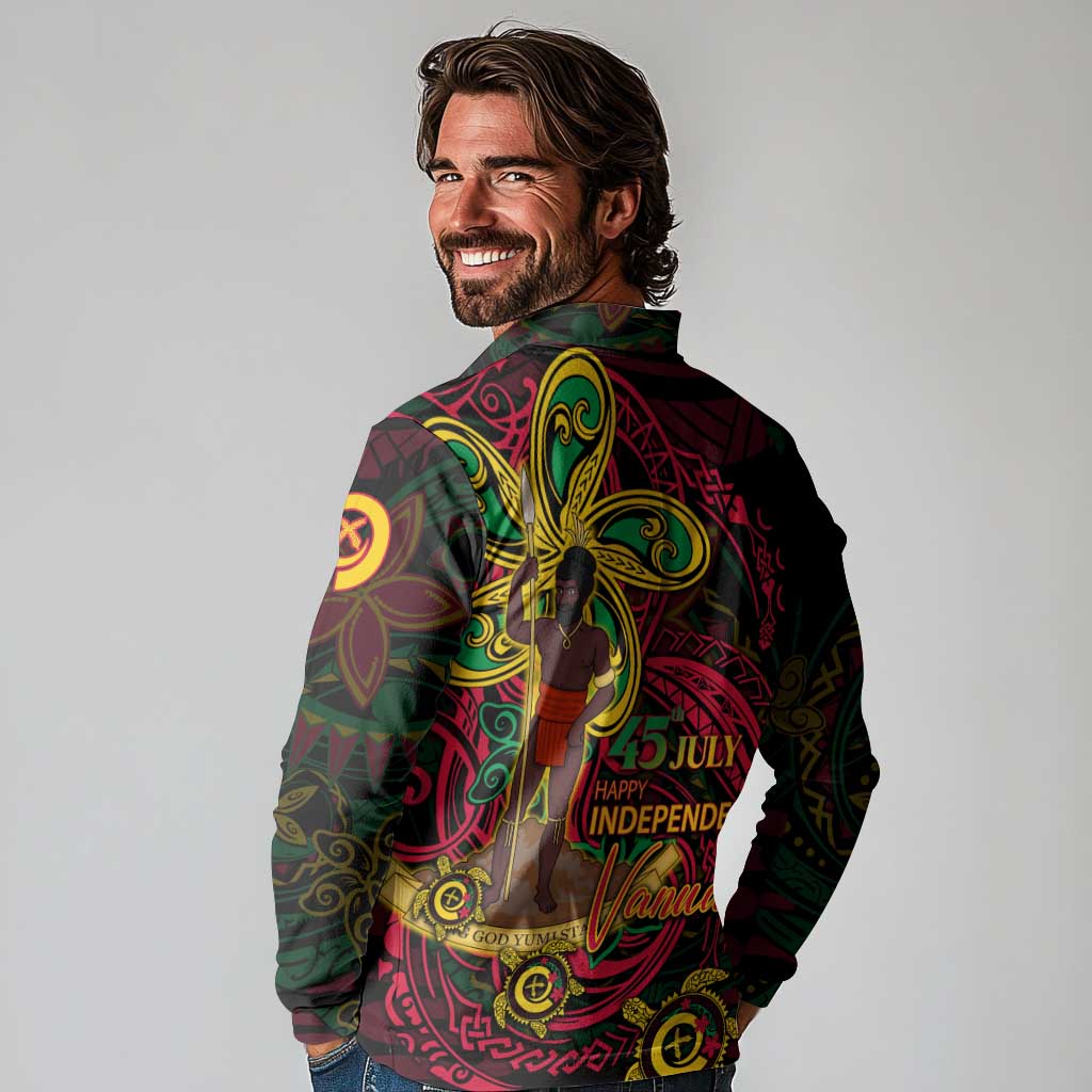 Custom Vanuatu 45th Independence Anniversary Long Sleeve Polo Shirt Flower Melanesian Namele Turtle - Polynesian Pride