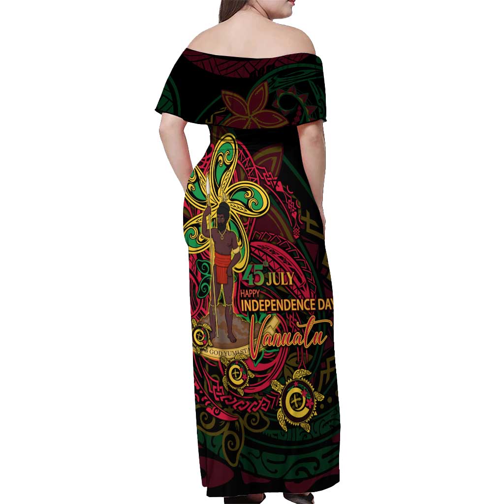 Custom Vanuatu 45th Independence Anniversary Off Shoulder Maxi Dress Flower Melanesian Namele Turtle - Polynesian Pride