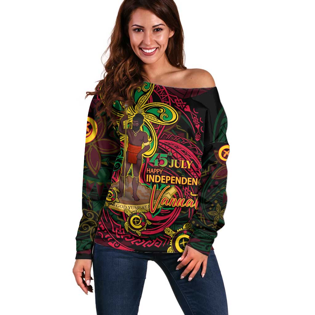 Custom Vanuatu 45th Independence Anniversary Off Shoulder Sweater Flower Melanesian Namele Turtle - Polynesian Pride