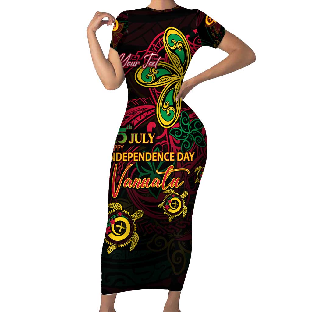 Custom Vanuatu 45th Independence Anniversary Short Sleeve Bodycon Dress Flower Melanesian Namele Turtle - Polynesian Pride