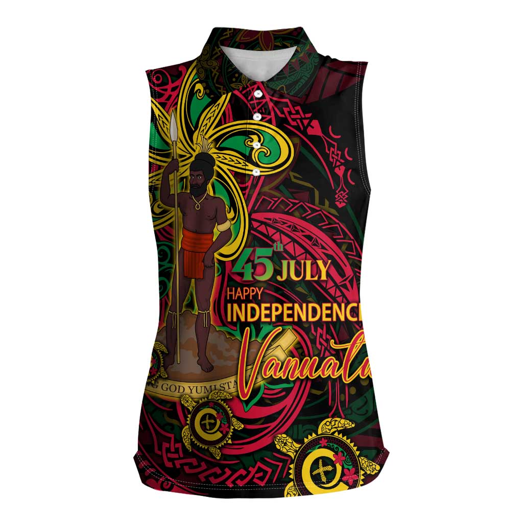 Custom Vanuatu 45th Independence Anniversary Women Sleeveless Polo Shirt Flower Melanesian Namele Turtle DT02 Female Black - Polynesian Pride