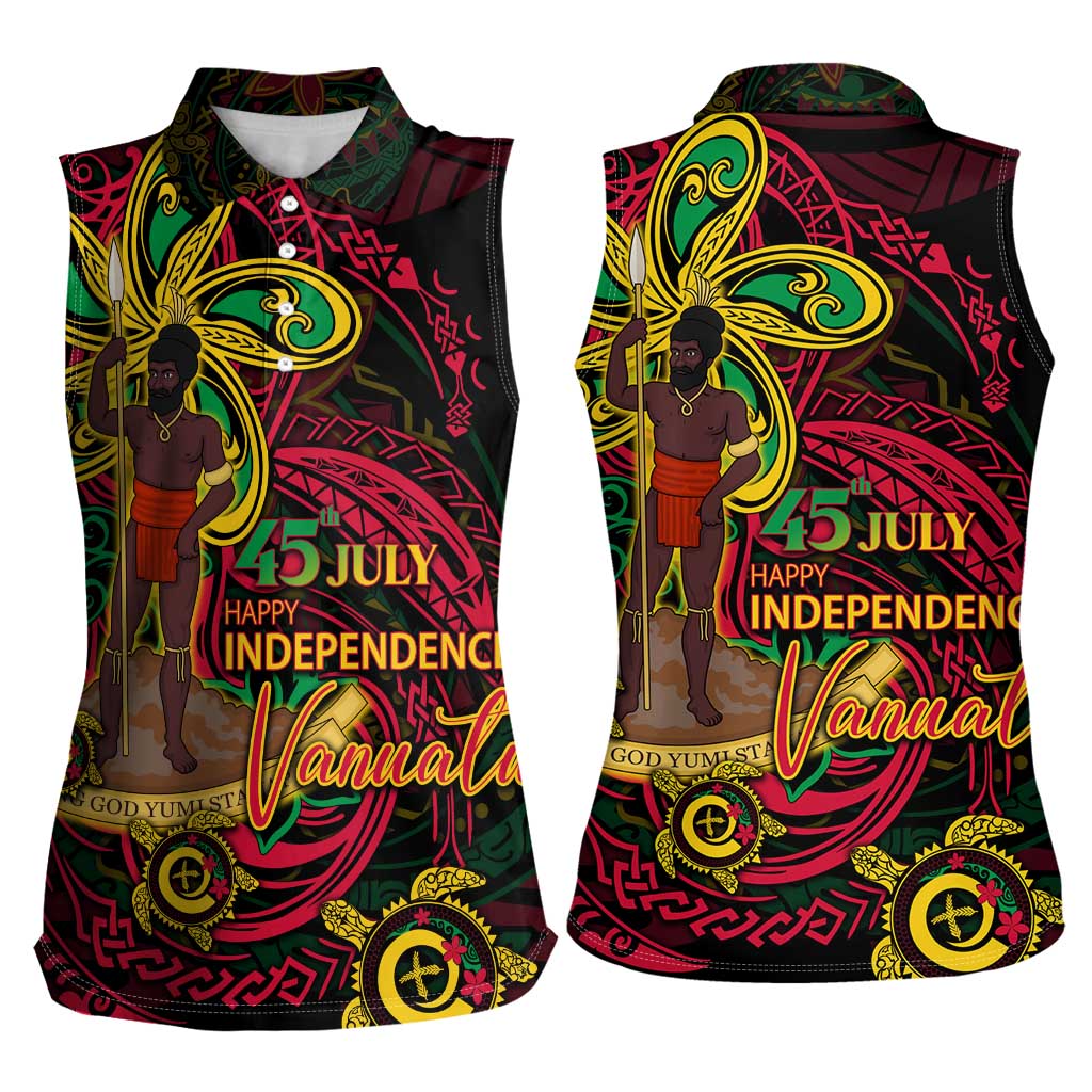 Custom Vanuatu 45th Independence Anniversary Women Sleeveless Polo Shirt Flower Melanesian Namele Turtle DT02 - Polynesian Pride