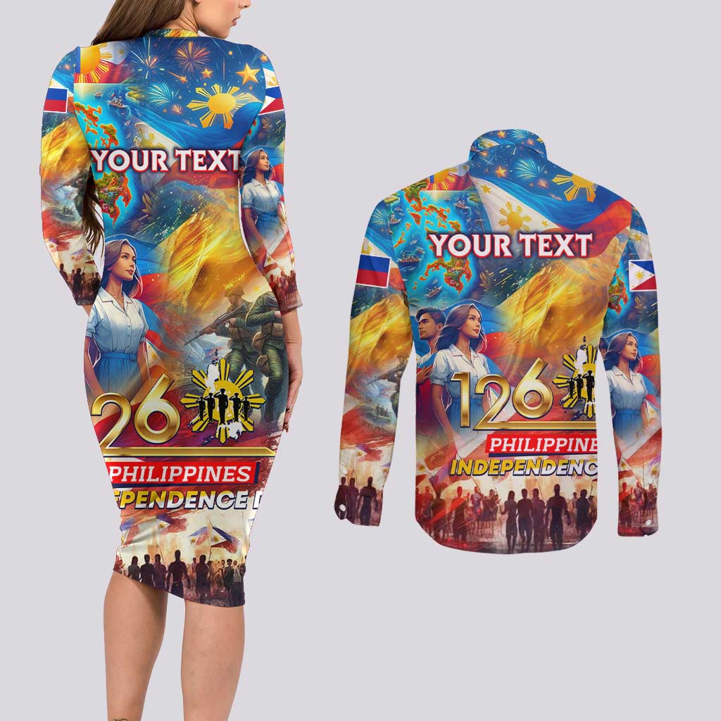 Custom The Philippines 126th Independence Anniversary Couples Matching Long Sleeve Bodycon Dress and Long Sleeve Button Shirt Art Style - Polynesian Pride