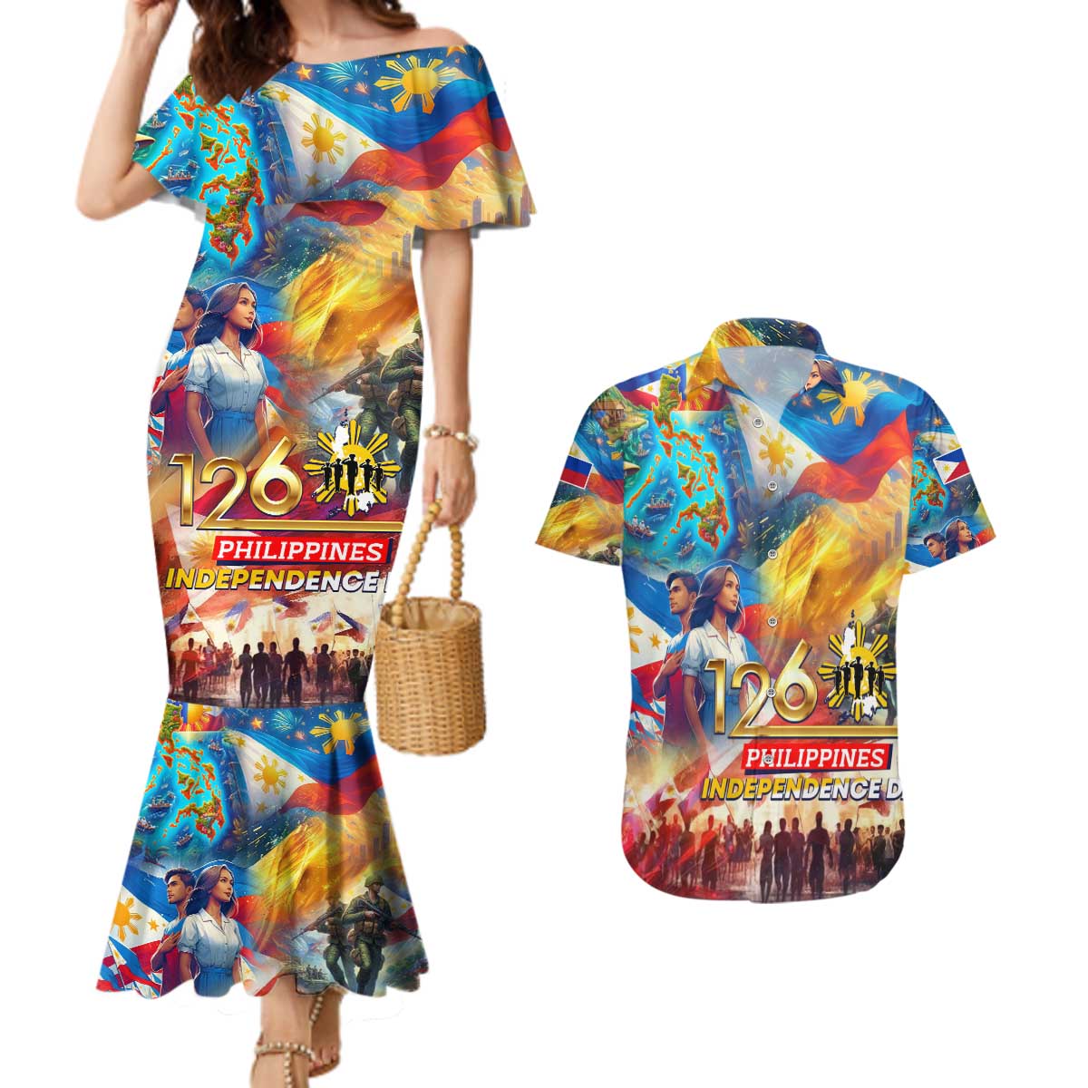 Custom The Philippines 126th Independence Anniversary Couples Matching Mermaid Dress and Hawaiian Shirt Art Style - Polynesian Pride