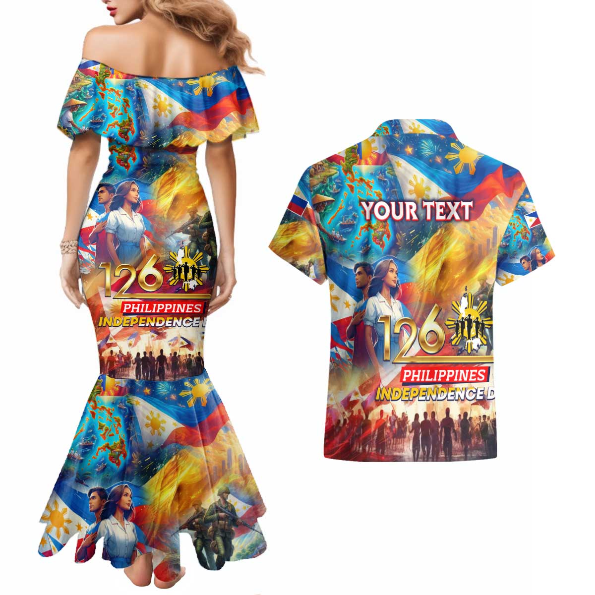 Custom The Philippines 126th Independence Anniversary Couples Matching Mermaid Dress and Hawaiian Shirt Art Style - Polynesian Pride