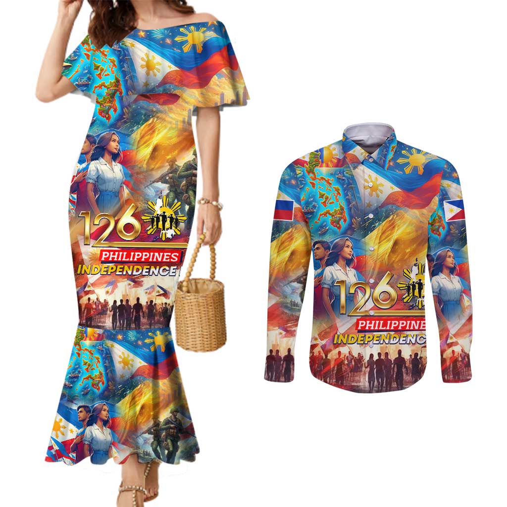 Custom The Philippines 126th Independence Anniversary Couples Matching Mermaid Dress and Long Sleeve Button Shirt Art Style DT02 Art - Polynesian Pride