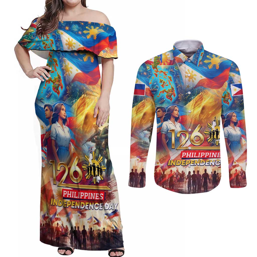 Custom The Philippines 126th Independence Anniversary Couples Matching Off Shoulder Maxi Dress and Long Sleeve Button Shirt Art Style DT02 Art - Polynesian Pride