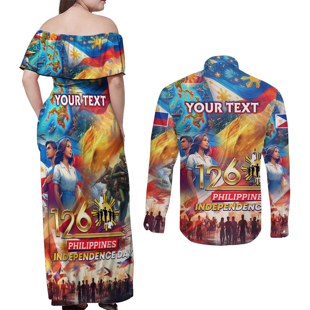 Custom The Philippines 126th Independence Anniversary Couples Matching Off Shoulder Maxi Dress and Long Sleeve Button Shirt Art Style - Polynesian Pride