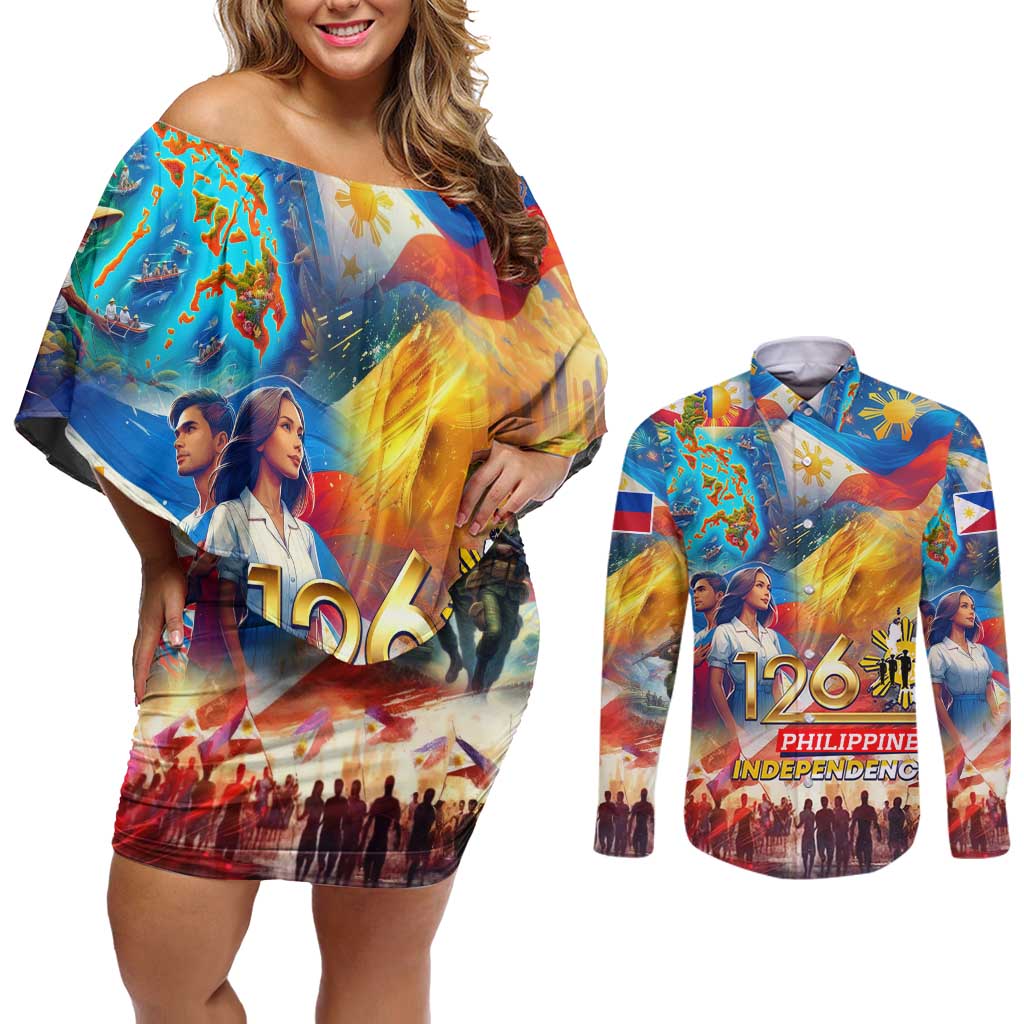 Custom The Philippines 126th Independence Anniversary Couples Matching Off Shoulder Short Dress and Long Sleeve Button Shirt Art Style DT02 Art - Polynesian Pride