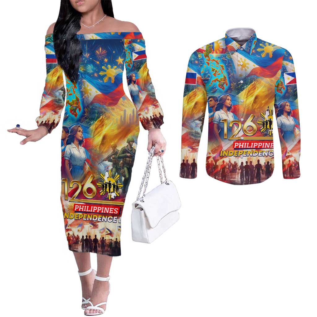 Custom The Philippines 126th Independence Anniversary Couples Matching Off The Shoulder Long Sleeve Dress and Long Sleeve Button Shirt Art Style - Polynesian Pride