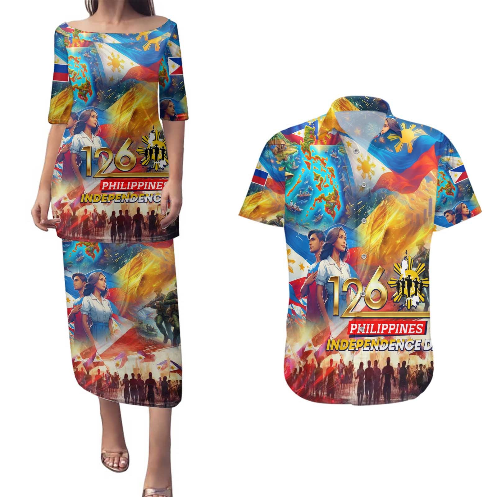 Custom The Philippines 126th Independence Anniversary Couples Matching Puletasi and Hawaiian Shirt Art Style DT02 Art - Polynesian Pride