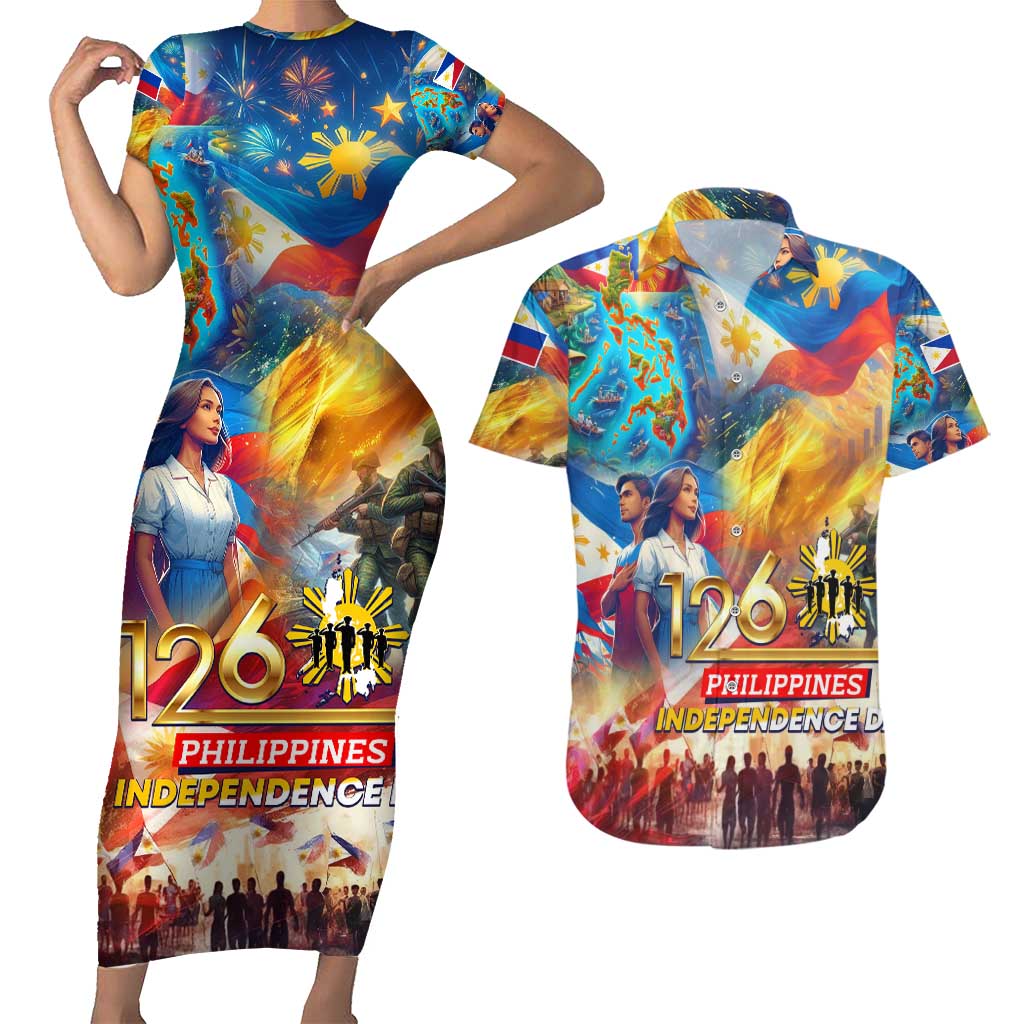 Custom The Philippines 126th Independence Anniversary Couples Matching Short Sleeve Bodycon Dress and Hawaiian Shirt Art Style - Polynesian Pride