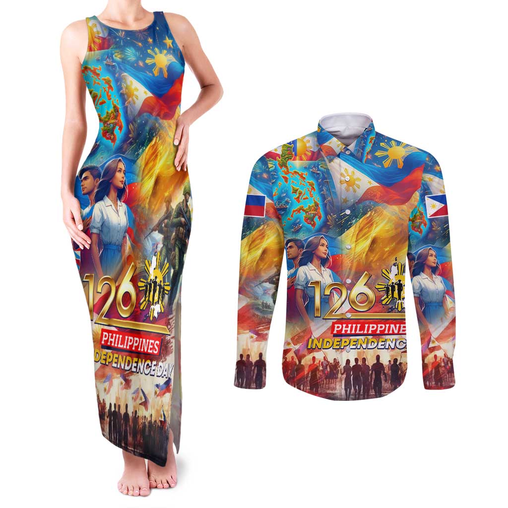 Custom The Philippines 126th Independence Anniversary Couples Matching Tank Maxi Dress and Long Sleeve Button Shirt Art Style DT02 Art - Polynesian Pride