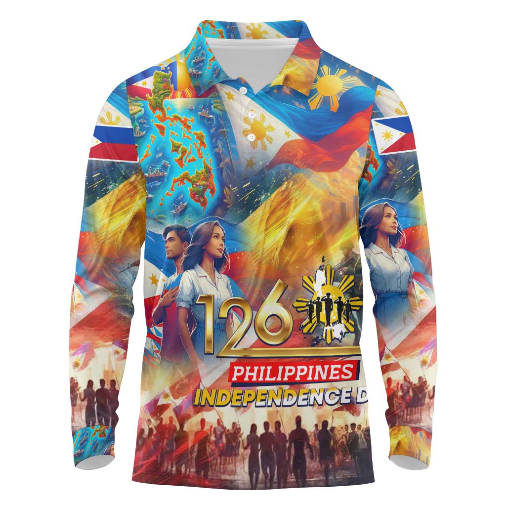 Custom The Philippines 126th Independence Anniversary Long Sleeve Polo Shirt Art Style DT02 Art - Polynesian Pride