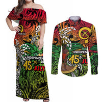 Personalized Vanuatu 45th Independence Anniversary Couples Matching Off Shoulder Maxi Dress and Long Sleeve Button Shirt Melanesian Pattern Reggae - Polynesian Pride