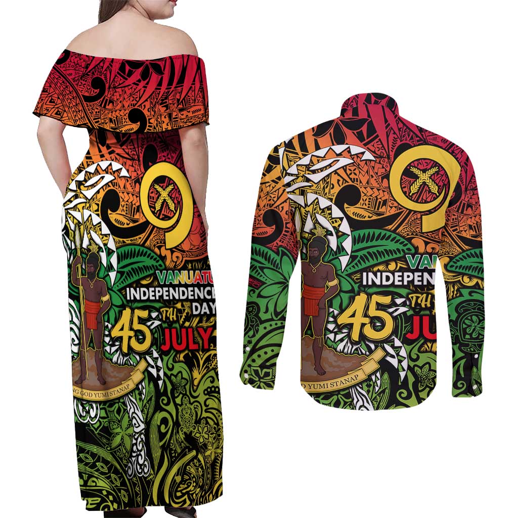 Personalized Vanuatu 45th Independence Anniversary Couples Matching Off Shoulder Maxi Dress and Long Sleeve Button Shirt Melanesian Pattern Reggae - Polynesian Pride
