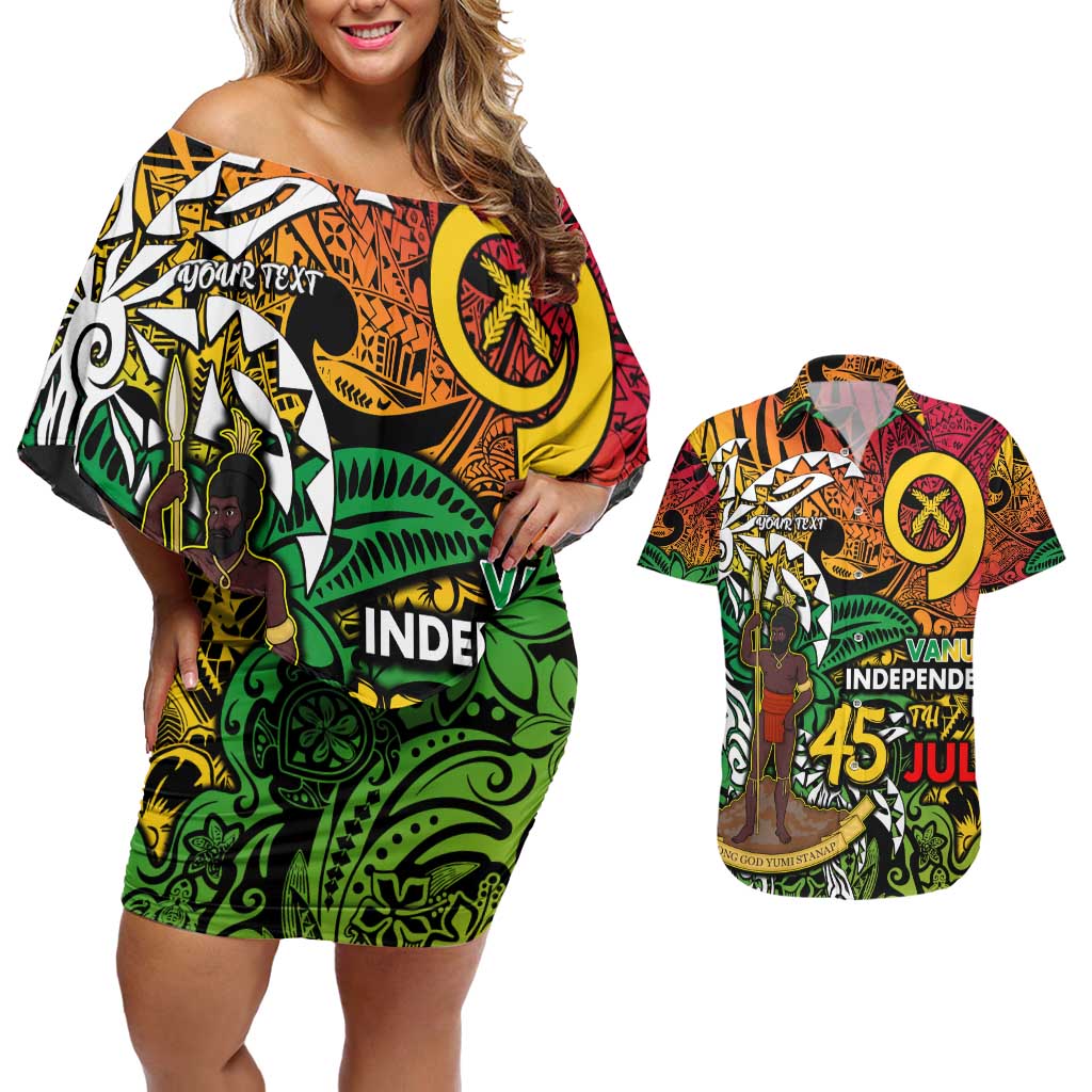Personalized Vanuatu 45th Independence Anniversary Couples Matching Off Shoulder Short Dress and Hawaiian Shirt Melanesian Pattern Reggae - Polynesian Pride