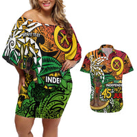 Personalized Vanuatu 45th Independence Anniversary Couples Matching Off Shoulder Short Dress and Hawaiian Shirt Melanesian Pattern Reggae - Polynesian Pride